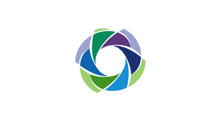 A stylized, abstract logo featuring overlapping, colorful geometric shapes arranged in a circular pattern.