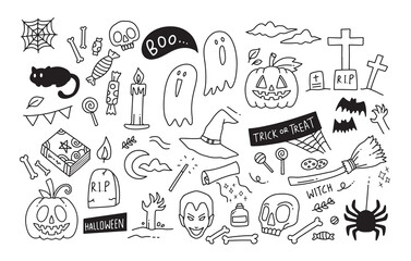 Black and white line art of Halloween illustration featuring various spooky elements like a pumpkin, ghost, witch hat, and more. Suitable for coloring books, decorations, and kids Halloween activities