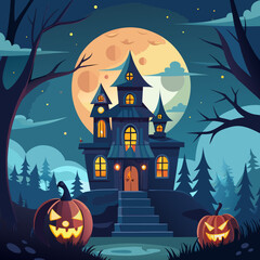 Fototapeta premium Spooky haunted mansion halloween night illustration with full moon and pumpkins vector