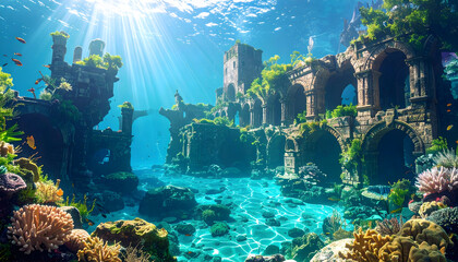 Underwater Ruins with Coral Reef and Sunlight in a Blue Marine Environment