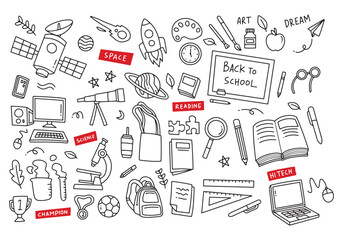 Naklejka premium Line art illustration of school supplies and elements. Doodle of back to school