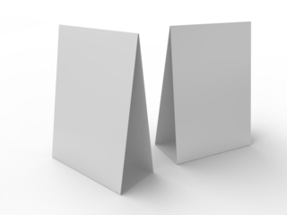 3D realistic mockup of a blank table sign tent card A4 format, isolated on white. Minimal display Ideal for menu, restaurant, cafe, event, promotion, branding, ads, and marketing design presentations