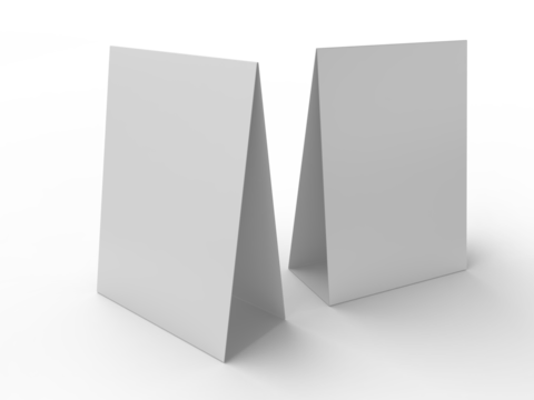 3D realistic mockup of a blank table sign tent card A4 format, isolated on white. Minimal display Ideal for menu, restaurant, cafe, event, promotion, branding, ads, and marketing design presentations