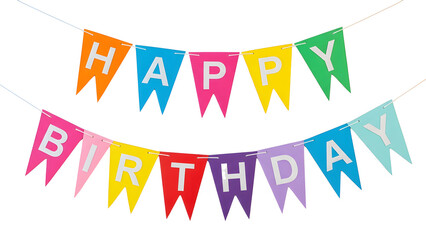 Happy birthday party banner decoration colorful flags celebration event festive garland decoration on transparent background
