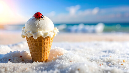 Vanilla Ice Cream Cone with Red Ladybug Resting on Sandy Beach with Ocean Background