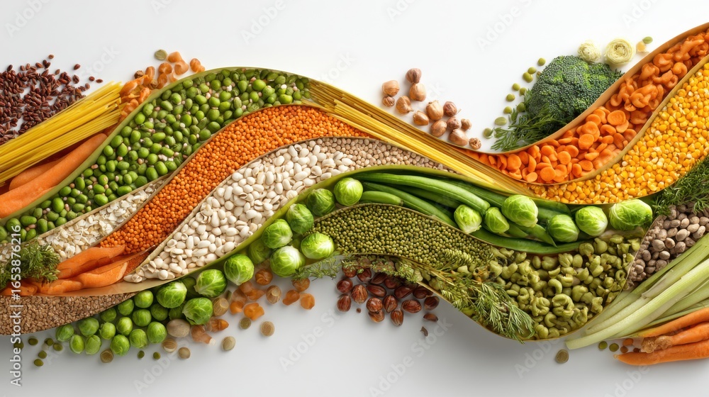 Poster a colorful display of various vegetables and grains arranged in a long line. concept of abundance an