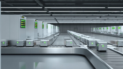 3D render of baggage carousel with digital overlay highlighting cleared luggage minimalism illustration concept scene visual for commercial design use high detail quality stock image illustration conc