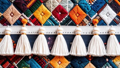 Colorful diamond-shaped woven textile pattern with tassels on gray background.