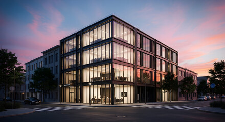 Obraz premium Modern urban apartment building at twilight.