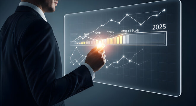 Businessman interacts with holographic financial data display - Powered by Adobe