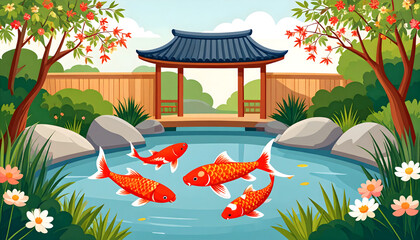 Vibrant Koi Fish Swimming in a Pond within an Asian Garden Scene Featuring a Pagoda Building and Lush Foliage
