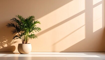 Minimal indoor tree in white pot casting long shadow on sunlit wall.