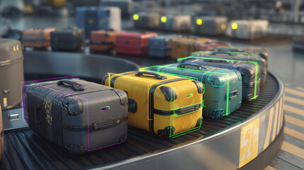 3D render of baggage carousel with digital overlay highlighting cleared luggage minimalism illustration concept scene visual for commercial design use high detail quality stock image illustration conc