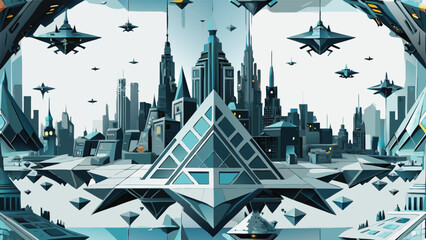 Futuristic city skyline with interlocking geometric structures and vibrant colors