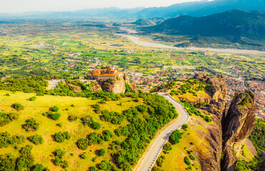 The monastery Meteora, aerial rocky monasteries complex in Greece near Kalabaka city. Holy Monastery of Saint Stephen