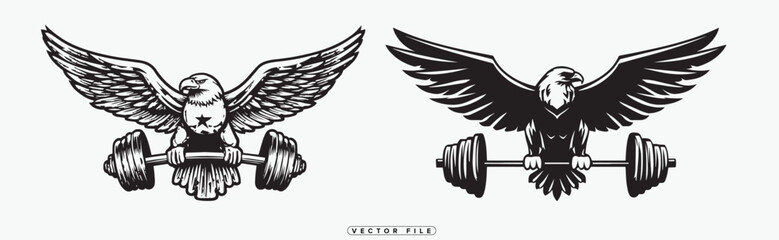 Eagle illustrations with dumbbells in black and white