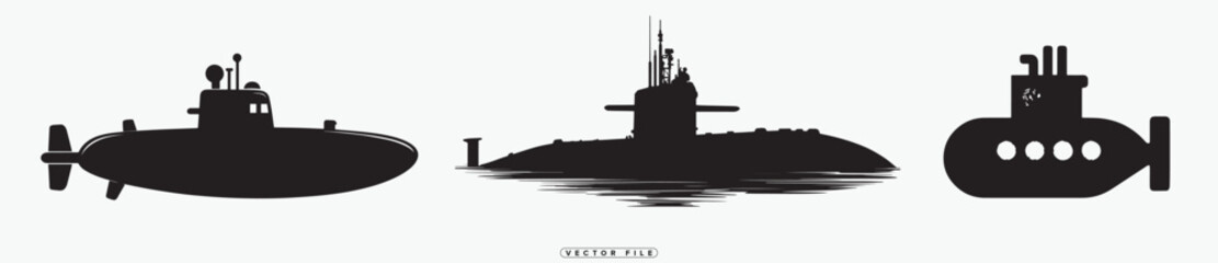 Silhouette of different submarine views on white background