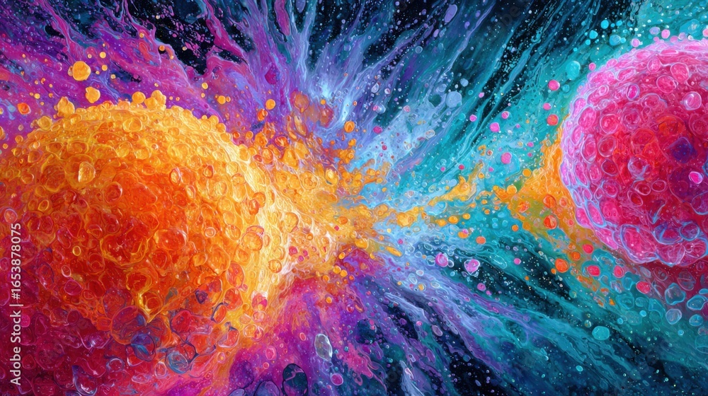 Aufkleber a painting of two colorful spheres with a splash of color in the background. the painting conveys a 