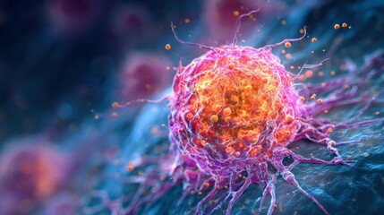 A pink and orange cell is surrounded by other pink and orange cells. The pink and orange cells are clustered together and appear to be in a state of growth or division