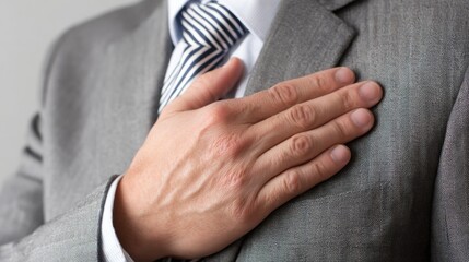 A man wearing a suit and tie is giving a heart shape with his hand. Concept of respect and admiration