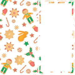The template square frame of gingerbread on a white background. Children's style watercolor holiday's illustration.