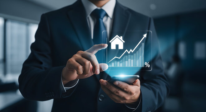 Businessman interacting with a digital graph showing financial growth.