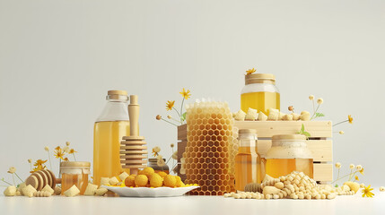 Golden honey, honeycomb, and pollen display; perfect for natural health, beauty, and food product branding