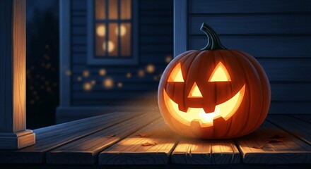 Obraz premium Eerily enchanting jack-o'-lantern casting a warm glow on a rustic porch at twilight