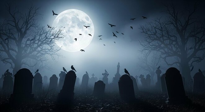 Eerie moonlit graveyard scenery with silhouetted gravestones and flock of crows ominous scene