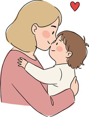 Mother and child sharing a sweet kiss, affectionate bond between parent and baby, tender love, heart-shaped symbol, illustration of love and family connection, cute joyful moment, isolated on 