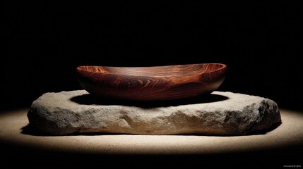 Ornate Brown Wooden Bowl On Stone Pedestal Under Dramatic Lighting