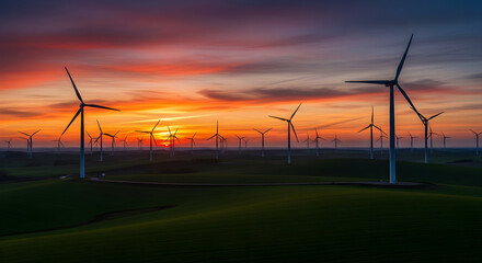 Wind turbines at sunset over a vast field.
