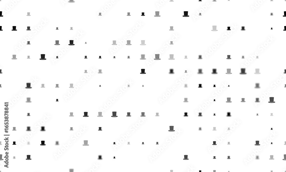 Poster seamless background pattern of evenly spaced black top hat symbols of different sizes and opacity. i