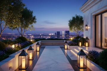 Obraz premium Luxury Rooftop Terrace City Skyline View Dusk Elegant Evening Lanterns