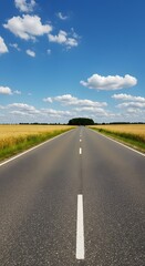 An empty asphalt road stretches towards a distant tree line under a bright blue sky with scattered clouds