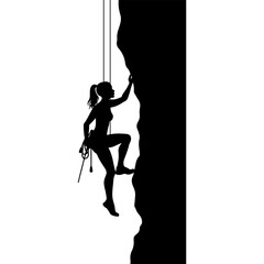 Sketchy emblem of girl rock climber climbs a rock. Engraving minimalistic vector in black ink drawing on transparent background