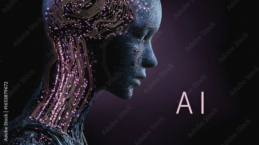 Aufkleber ai technology digital art futuristic design human like figure circuit patterns innovation abstract r