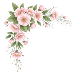 Fototapeta premium Pink floral corner design with green leaves on transparent background flowers