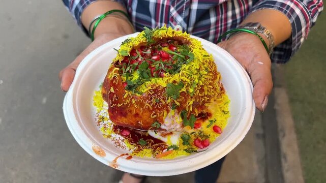Spicy Raj Kachori prepared with pomegranate, bhujia, tomato chutney, potato and coriander.