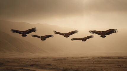 A group of five birds flying in the sky over a desert landscape. The birds are in different positions, with some flying higher and others closer to the ground. Concept of freedom and movement
