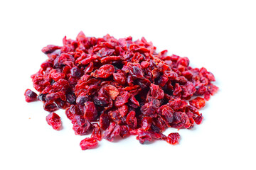 Dried cranberries piled on a white background