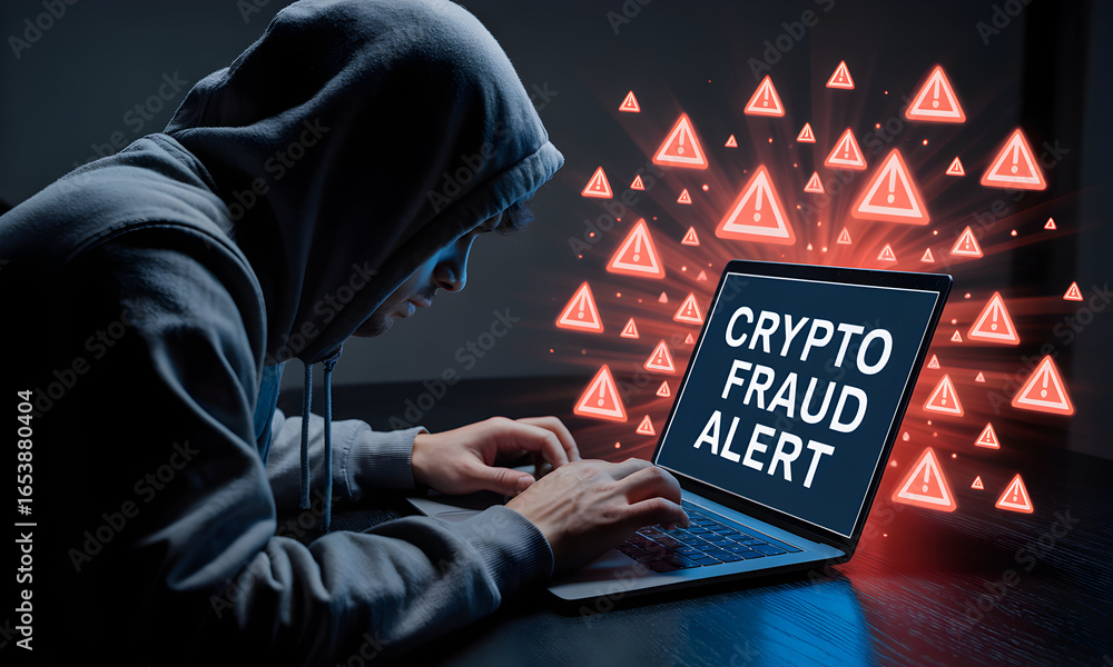 Poster a hooded individual uses a laptop, with a screen displaying a 'crypto fraud alert,' representing onl