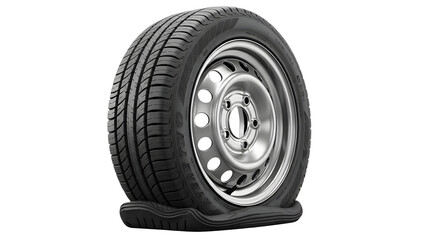 Flat tire car wheel automobile vehicle automotive puncture emergency road safety auto repair service needed on transparent background