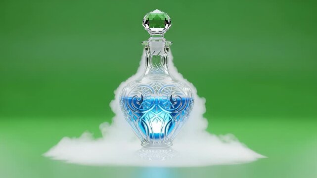 A glass flask filled with a mysterious blue potion amidst swirling smoke and subtle movement,