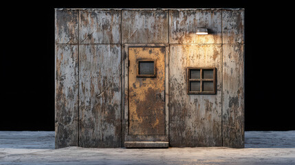Fototapeta premium Rustic Wooden Shed with Weathered Texture, Old Door, and Single Window, Illuminated by Warm Light on Dark Background