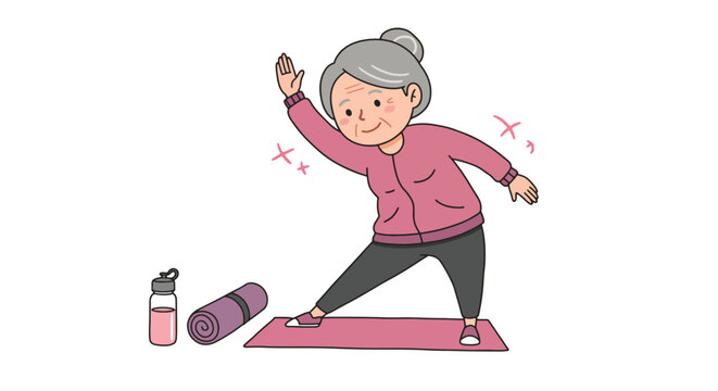 Happy Senior Woman Exercising on Yoga Mat for Health.