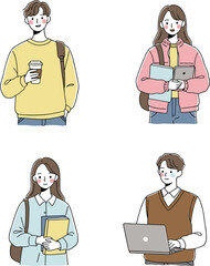 Young students, university lifestyle, studying, learning, teamwork, online education, laptop use, campus life, casual fashion, academic preparation, group project, school supplies, youth generat