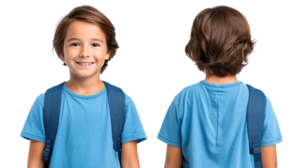 Schoolboy Dual Perspective: Front and back views of a schoolboy in a blue t-shirt and backpack, showcasing his cheerful front and simple back.