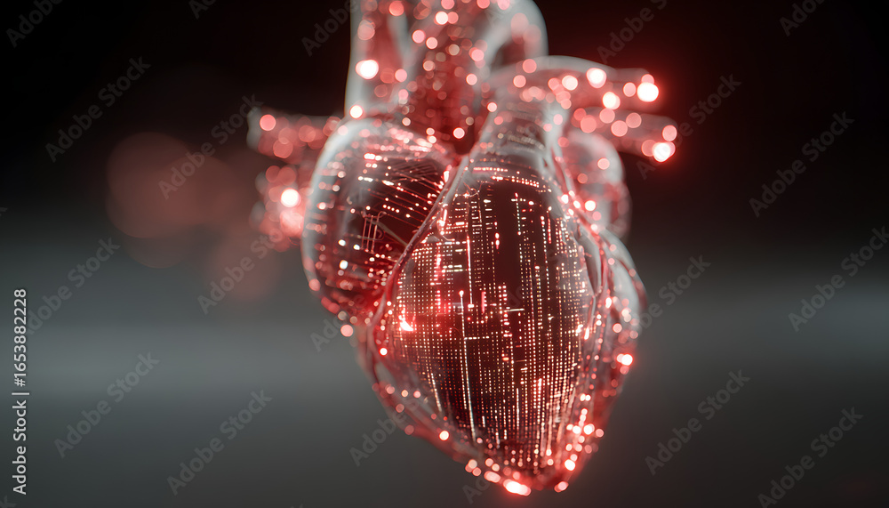 Poster glowing digital heart made of red code streams, binary data. futuristic, abstract design represents 
