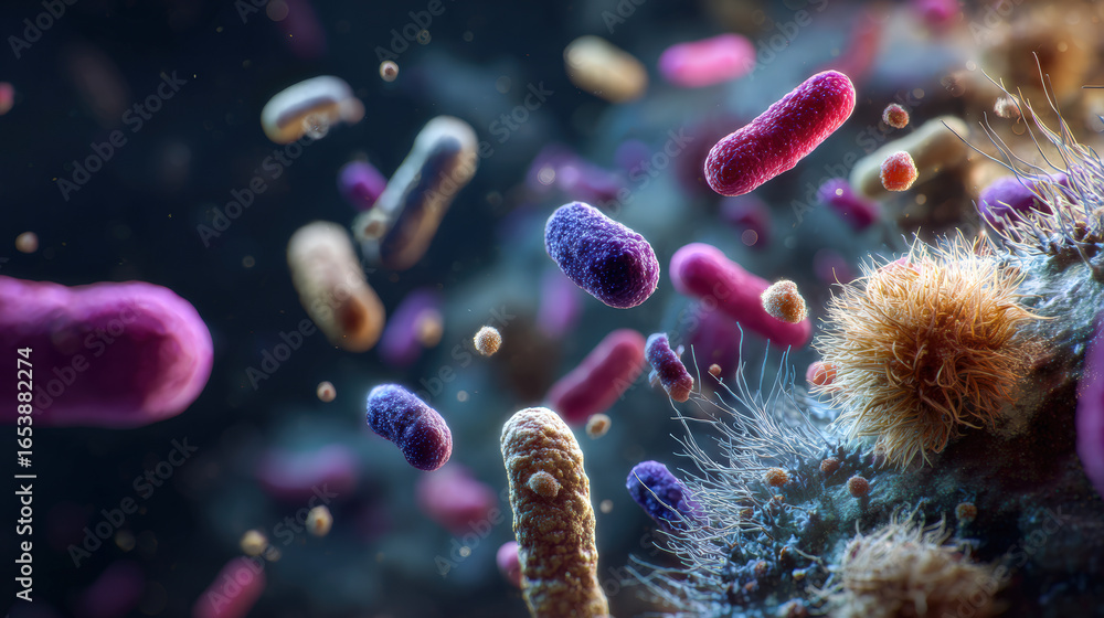 Poster microorganisms in vibrant colors float in dynamic environment, showcasing complexity of microbiomes 